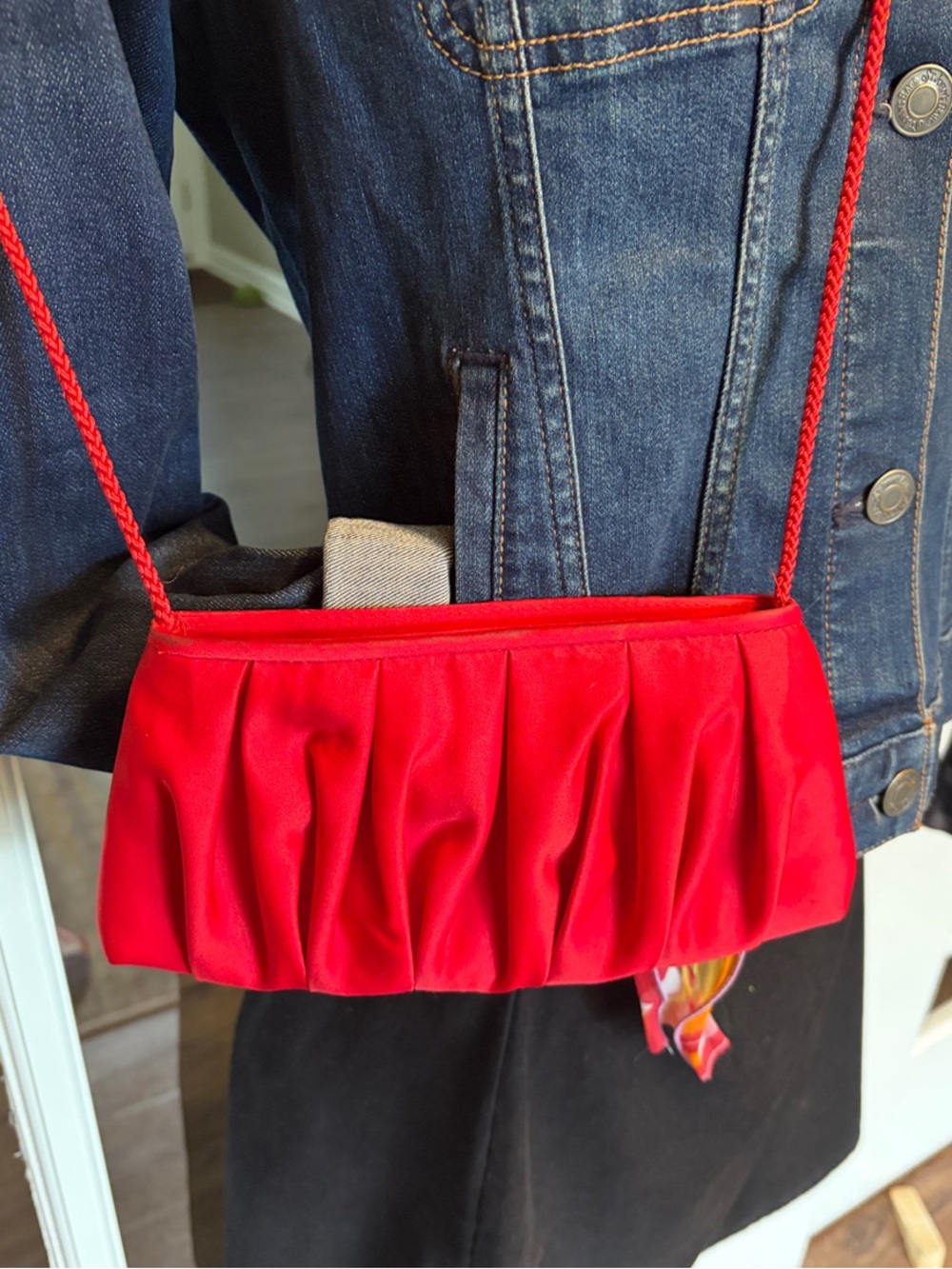 La Regale Red Pleated Satin Clutch with a Crossbody Strap